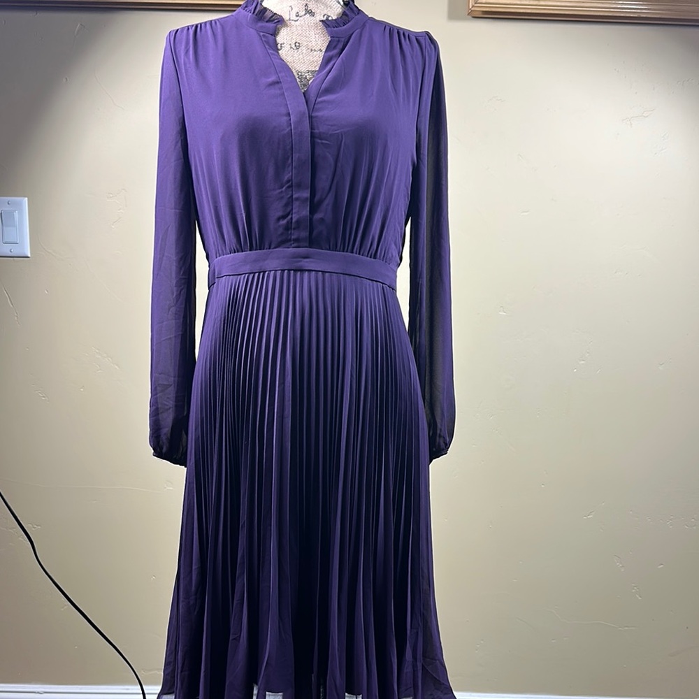 Ann Taylor Purple Pleated Long Sleeve Dress